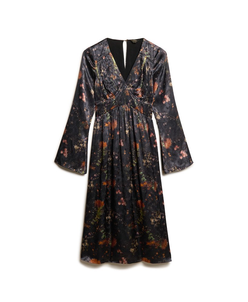 midi-jurk met uitlopende mouwen en jacquardstof in alpine lake black