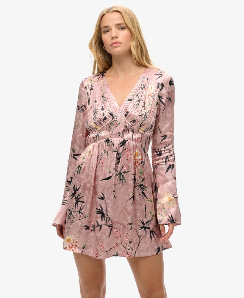 mini-jurk met uitlopende mouwen en jacquardstof in een zachtroze bloemenprint in de japanse schaduw.