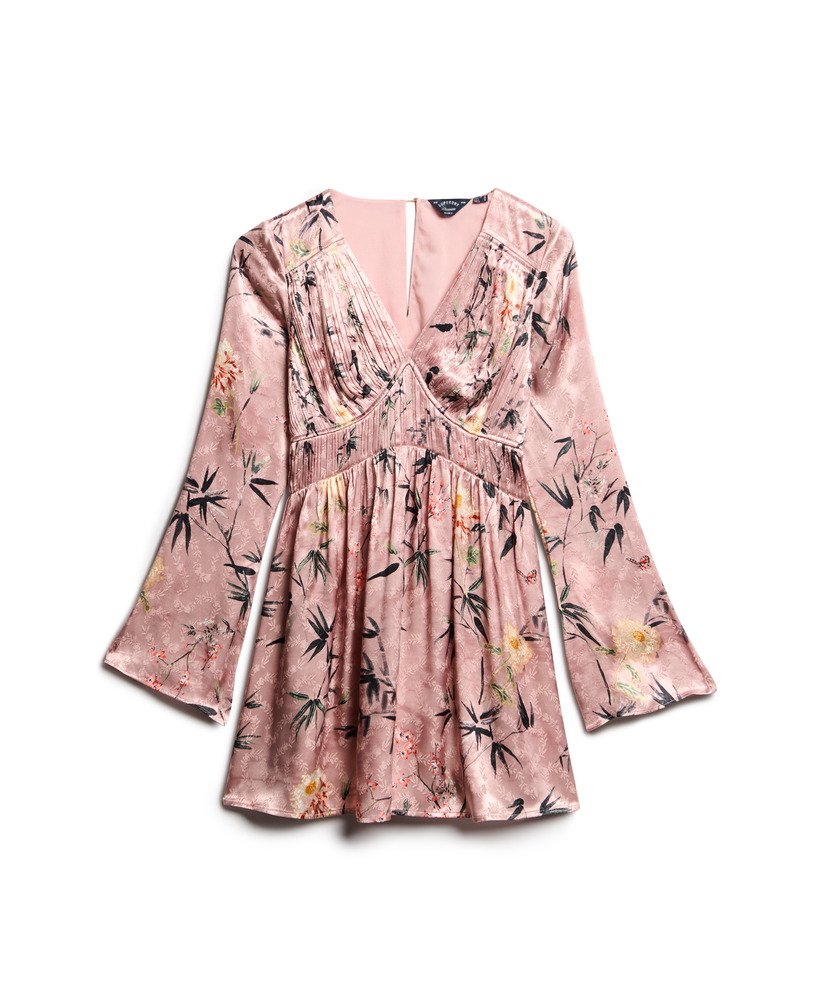 mini-jurk met uitlopende mouwen en jacquardstof in een zachtroze bloemenprint in de japanse schaduw.