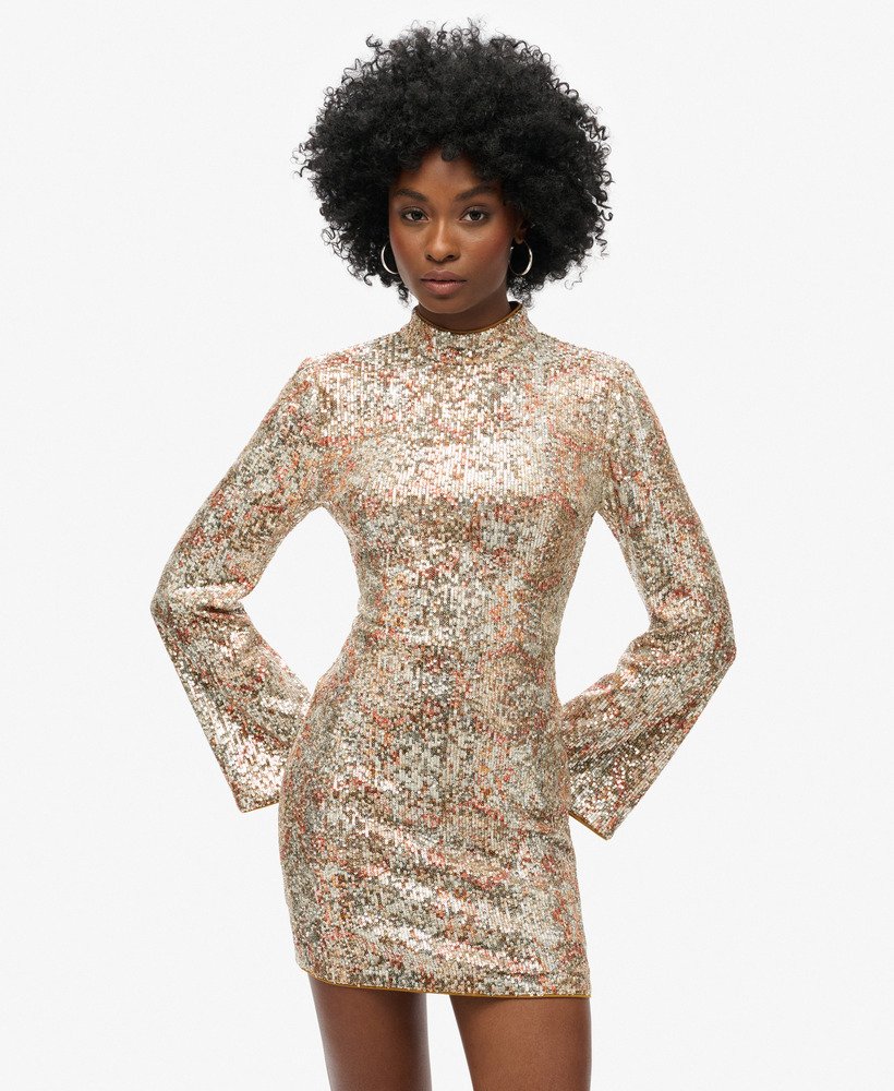 mini-jurk met lange mouwen en paillettenprint in paisley-stijl