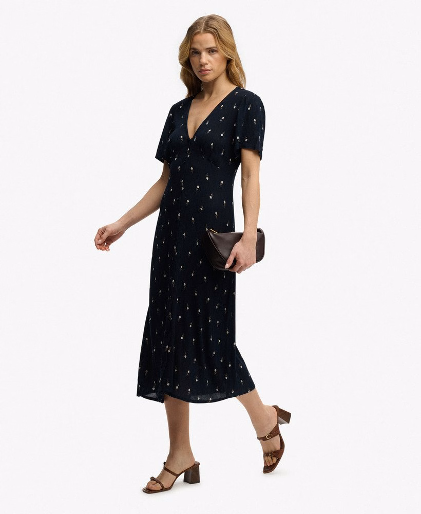 Midi-jurk met print, korte mouwen en knoopjes
