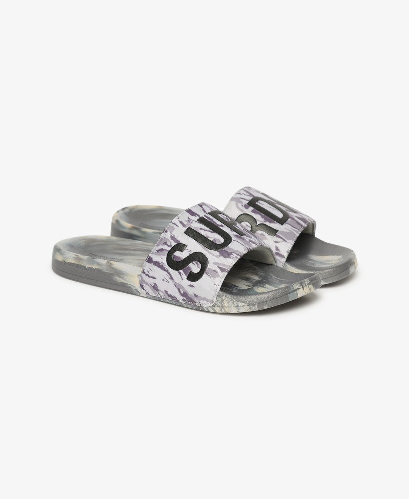 veganistische camouflage badslippers in ijsgrijs tijgercamouflage