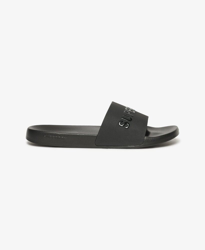 veganistische zwembadslippers met logo in zwartzwart.