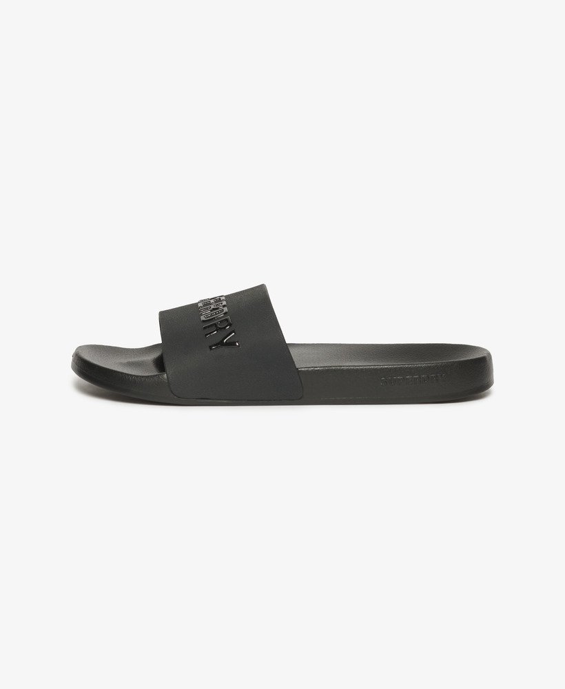 veganistische zwembadslippers met logo in zwartzwart.