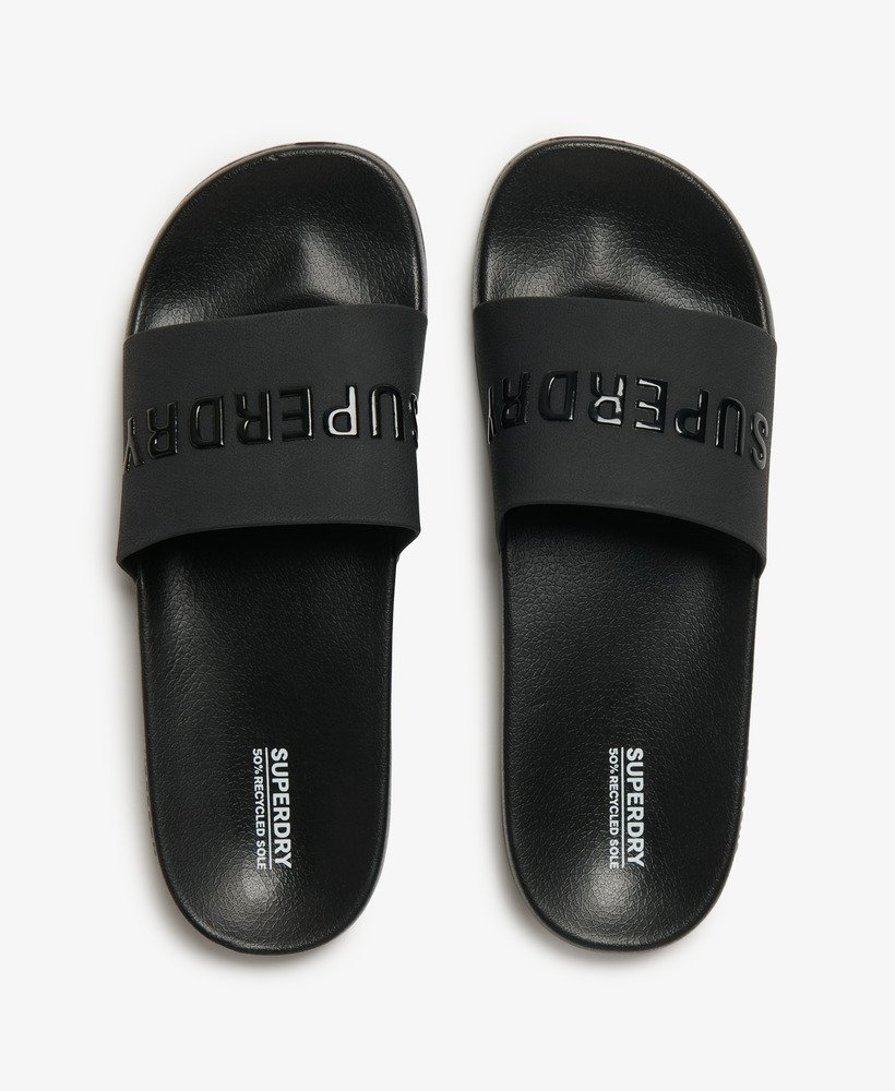 veganistische zwembadslippers met logo in zwartzwart.
