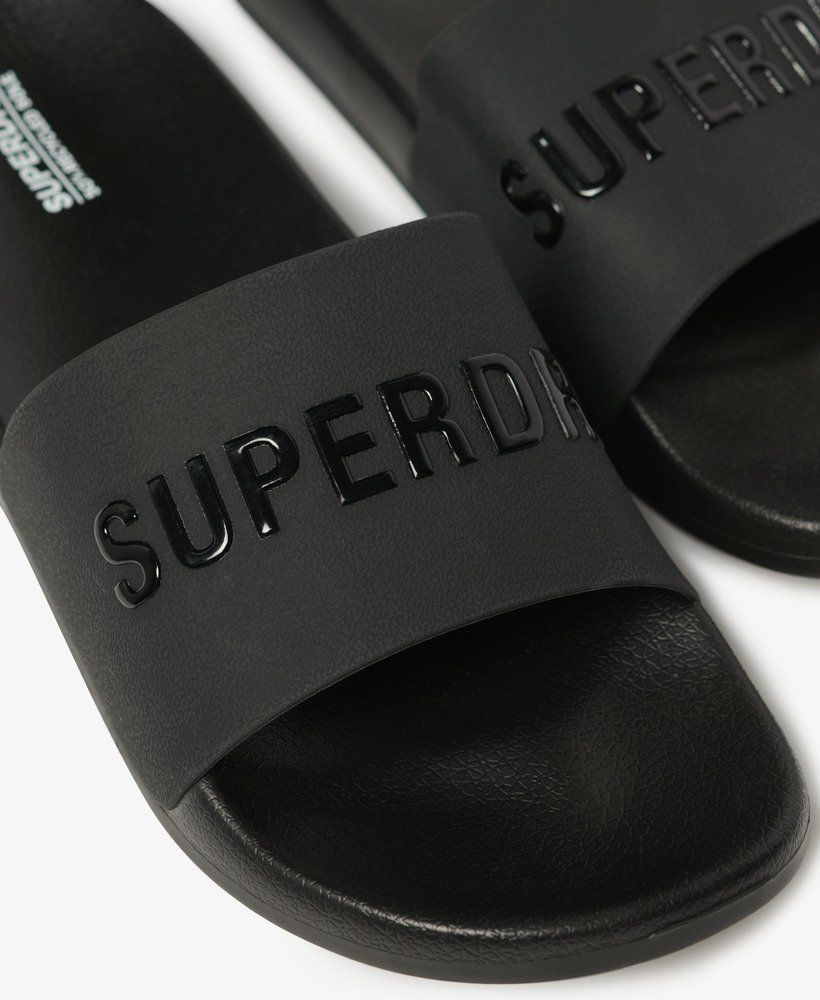 veganistische zwembadslippers met logo in zwartzwart.