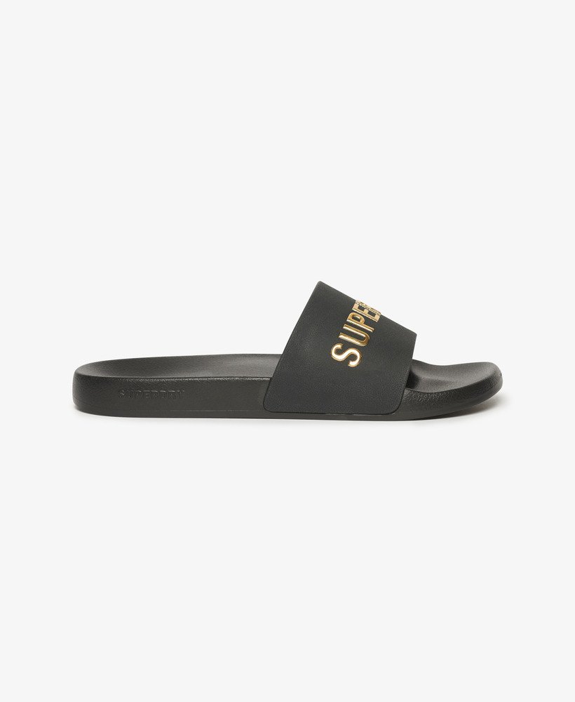 veganistische badslippers met logo in zwartmetallic goud