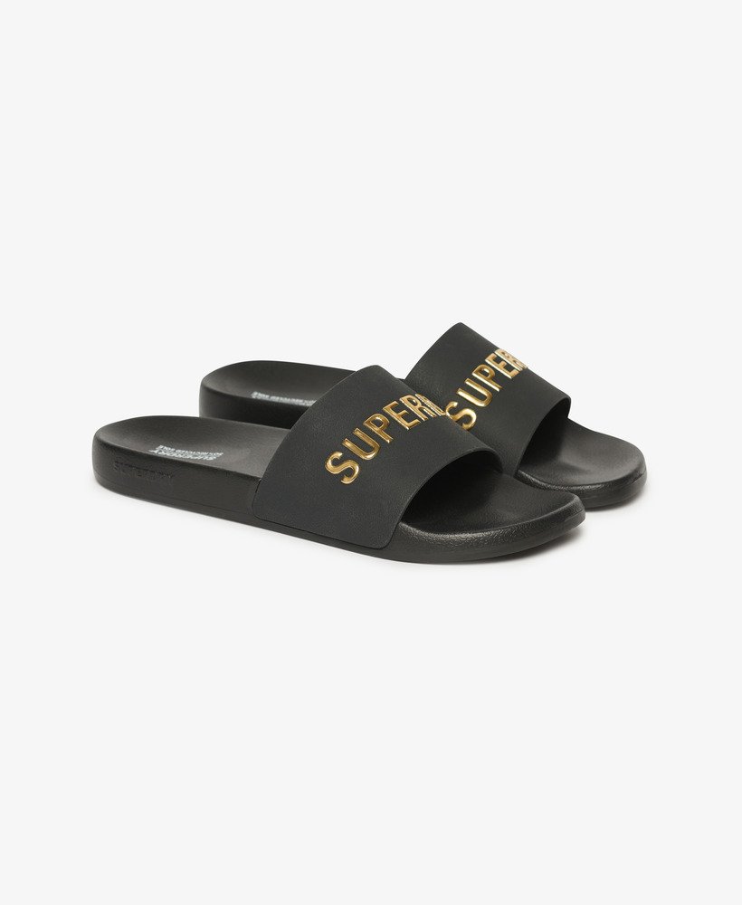 veganistische badslippers met logo in zwartmetallic goud