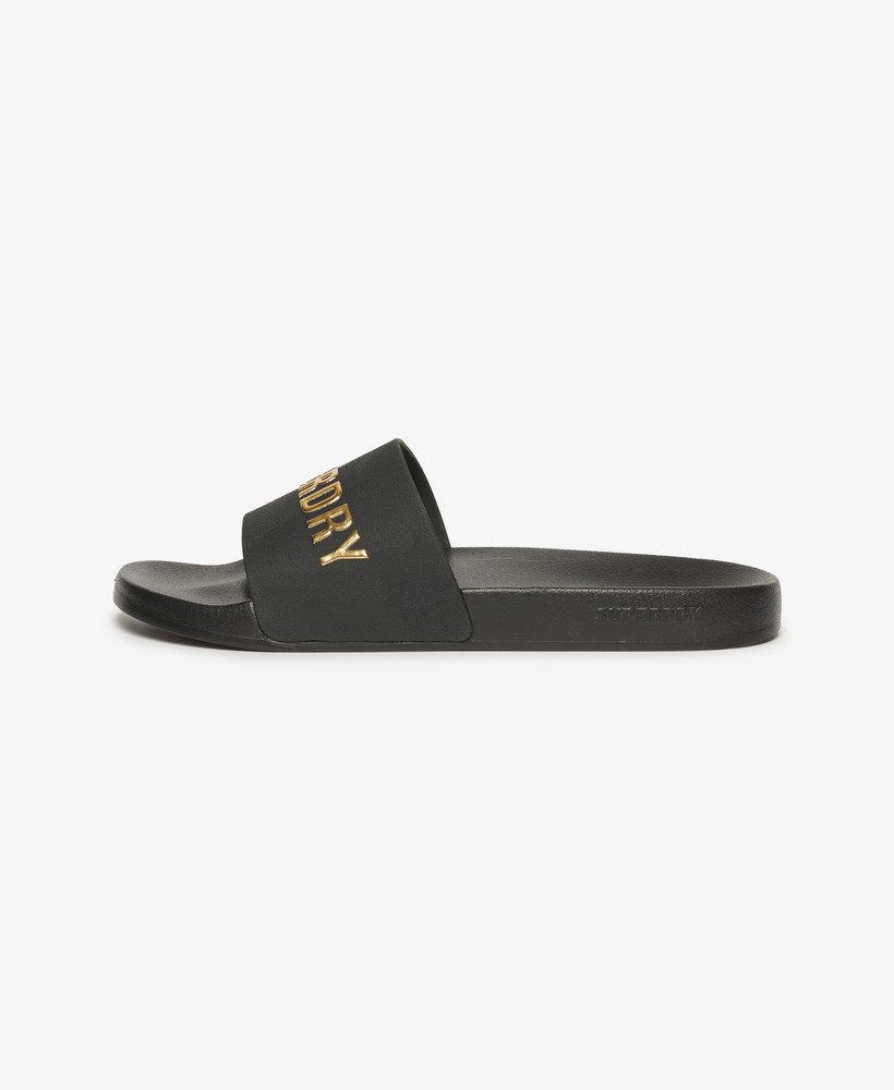 veganistische badslippers met logo in zwartmetallic goud