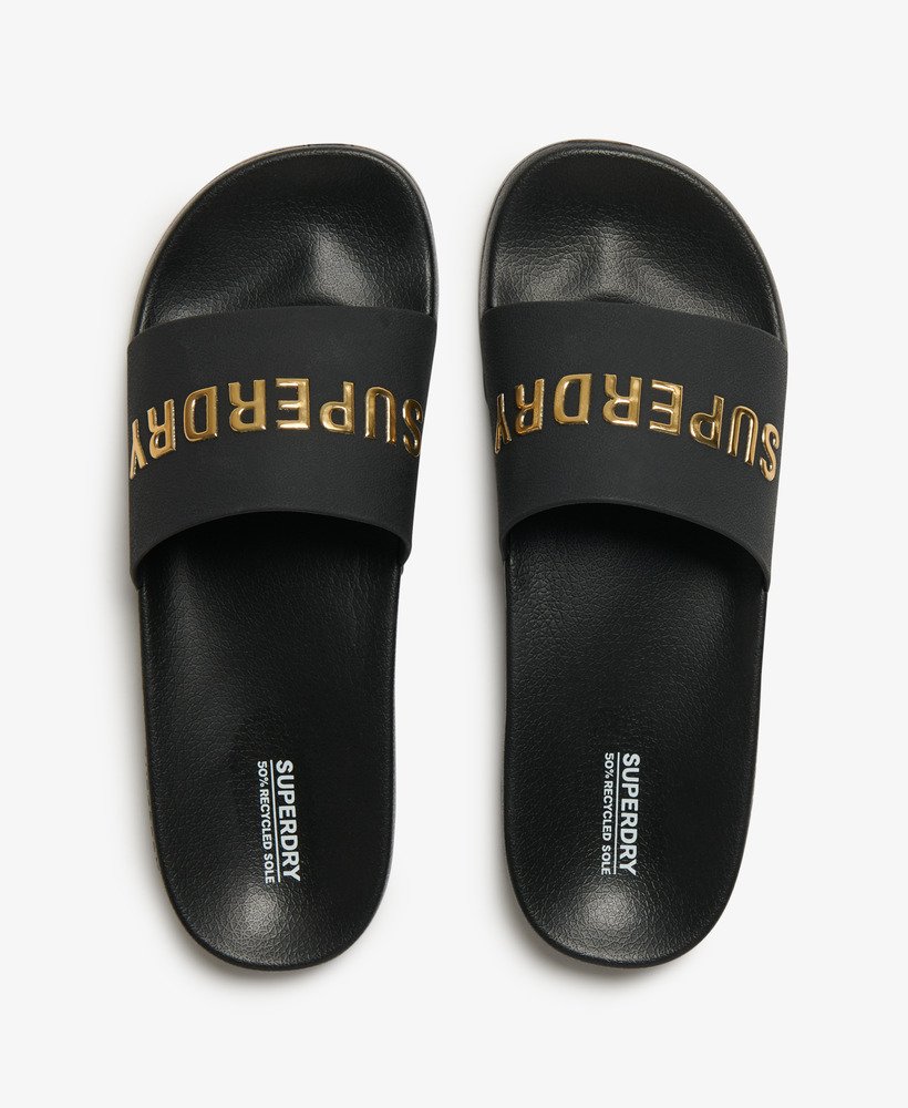veganistische badslippers met logo in zwartmetallic goud