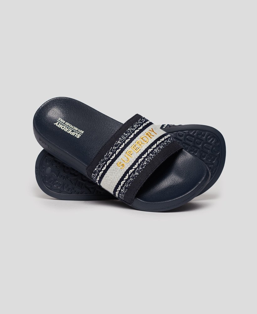 vegan zwembadslippers van geweven materiaal in de kleur truest navy.