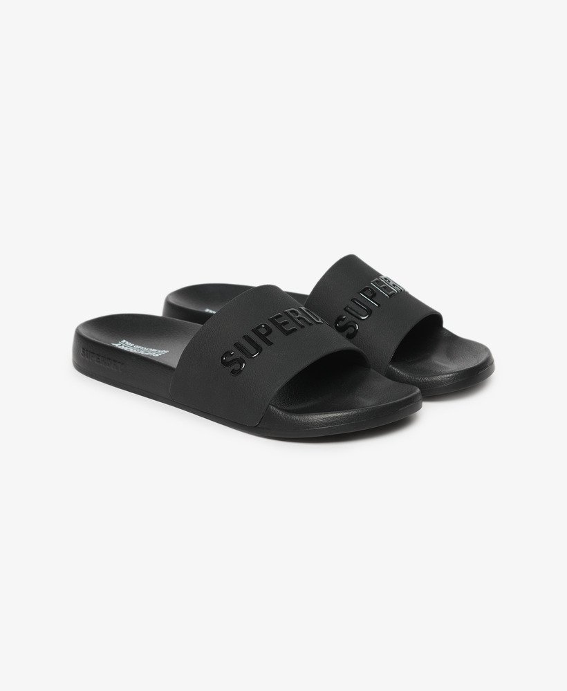 veganistische zwembadslippers met logo in zwartzwart.