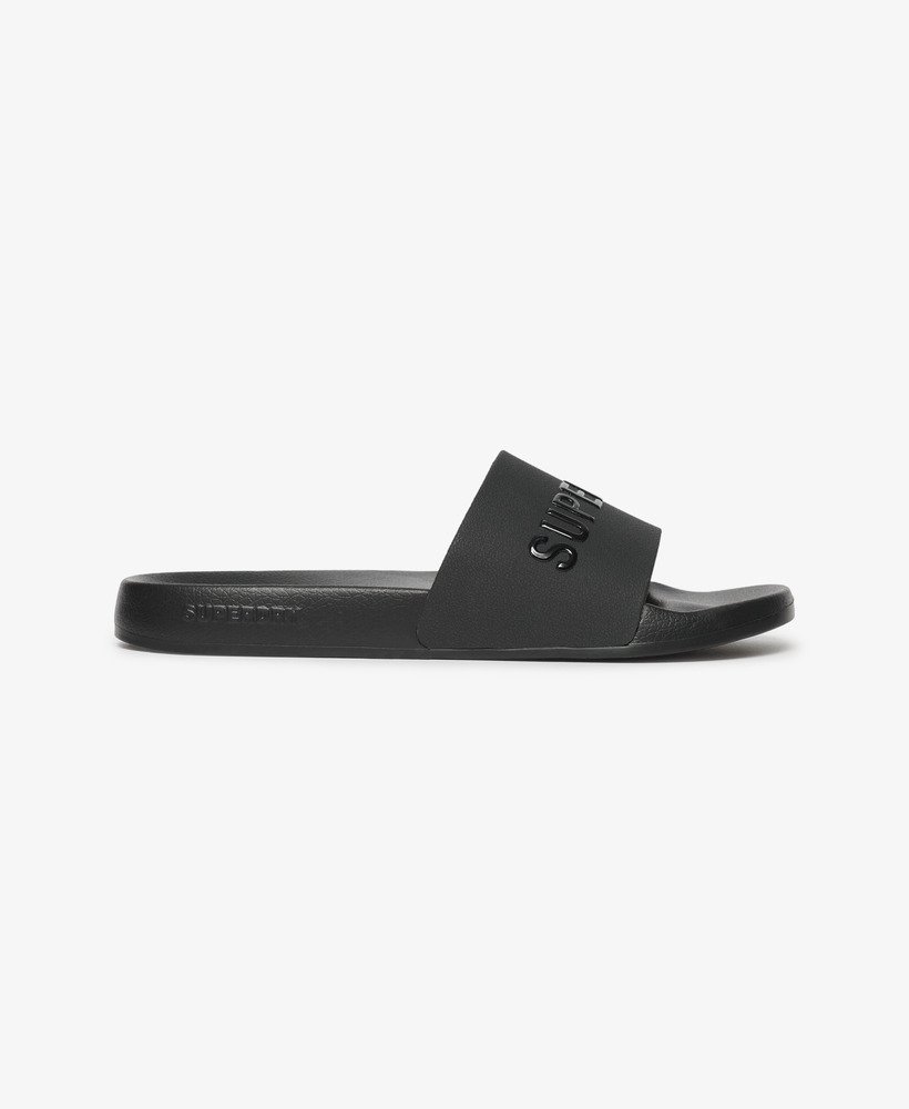 veganistische zwembadslippers met logo in zwartzwart.