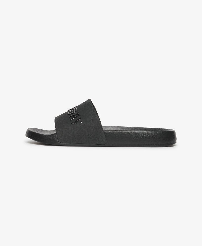 veganistische zwembadslippers met logo in zwartzwart.
