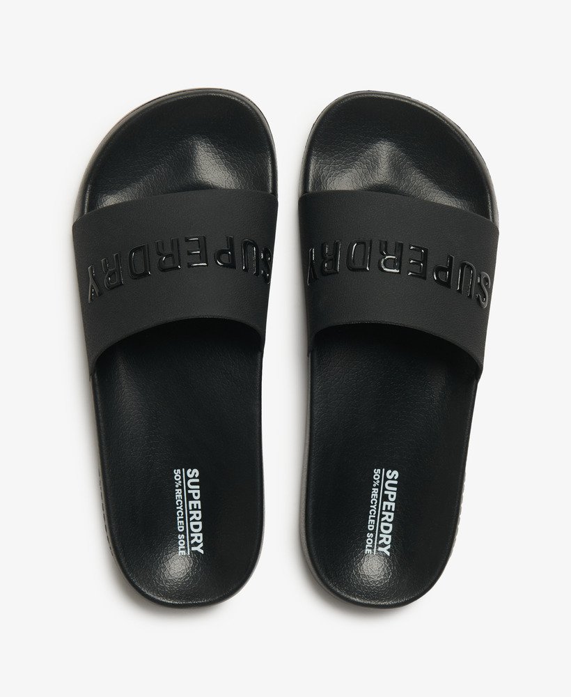 veganistische zwembadslippers met logo in zwartzwart.