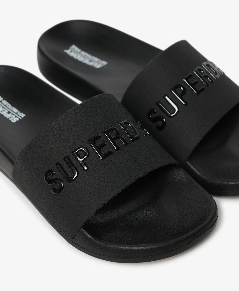 veganistische zwembadslippers met logo in zwartzwart.