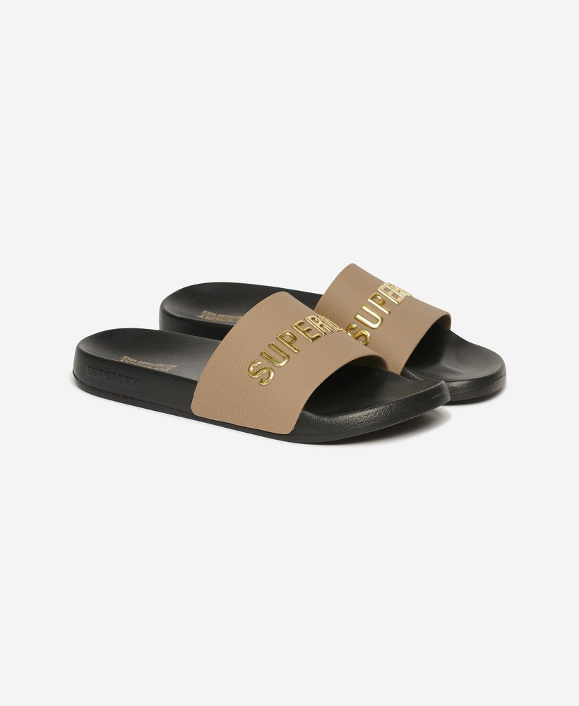 veganistische badslippers met logo in zwartfossilbruinmetallic goud