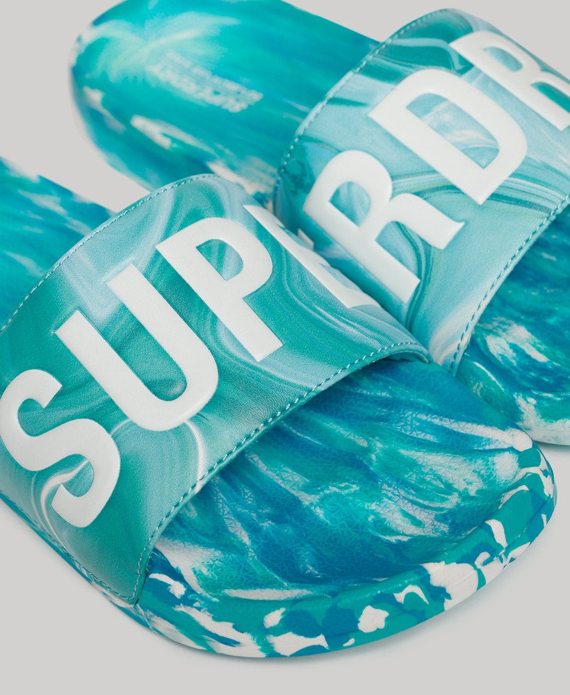 marmeren veganistische zwembadslippers in donkerblauw aop