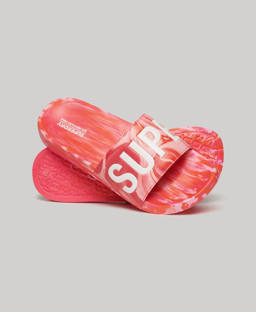 marmeren veganistische zwembadslippers in hyper fire pink aop