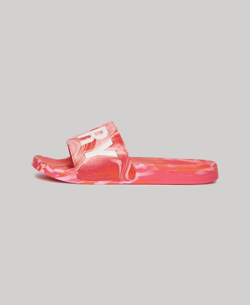 marmeren veganistische zwembadslippers in hyper fire pink aop