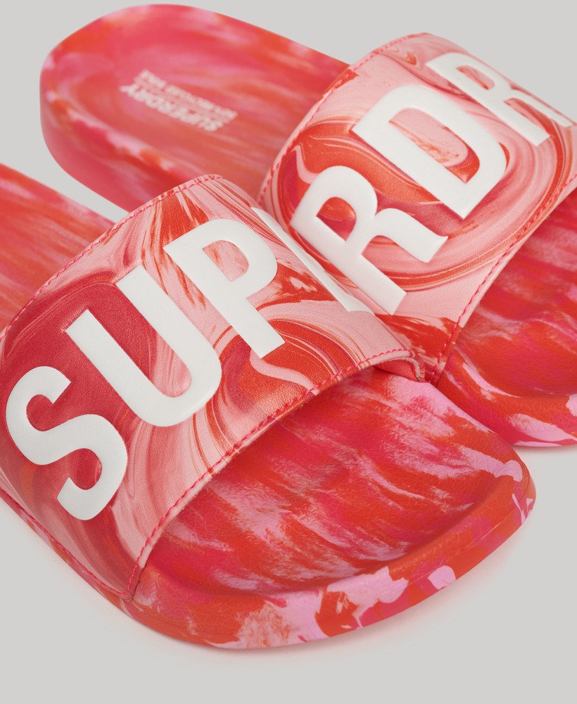 marmeren veganistische zwembadslippers in hyper fire pink aop