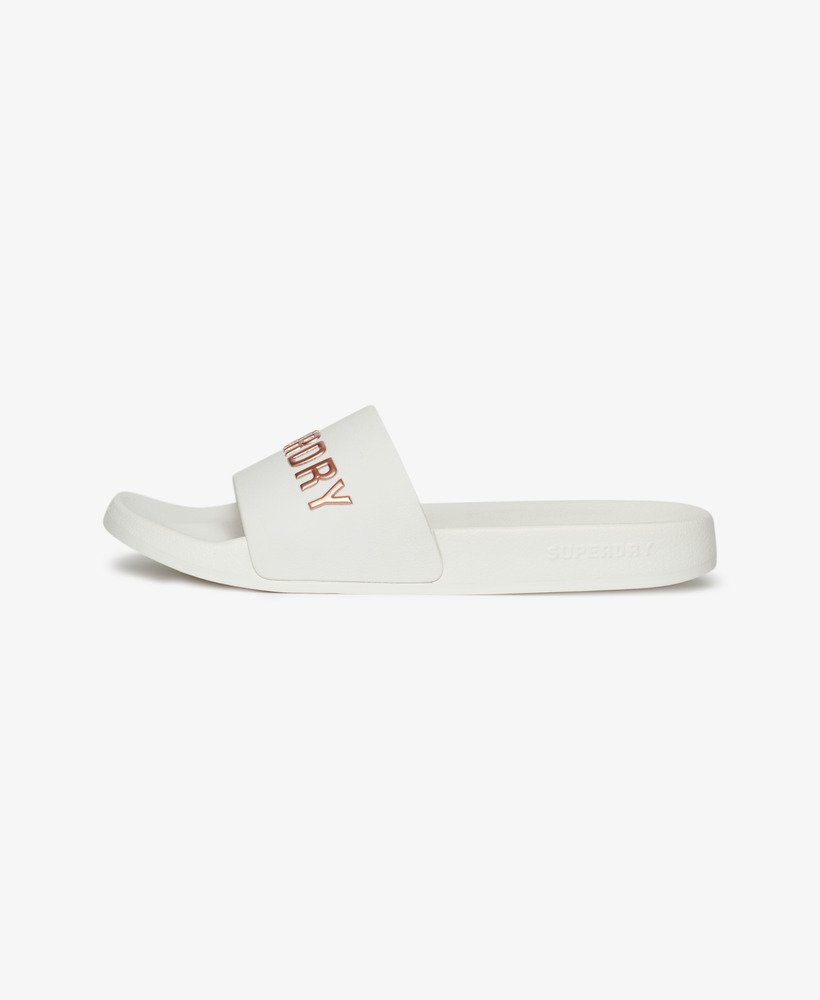 veganistische zwembadslippers met logo in optischmetallic roségoud.