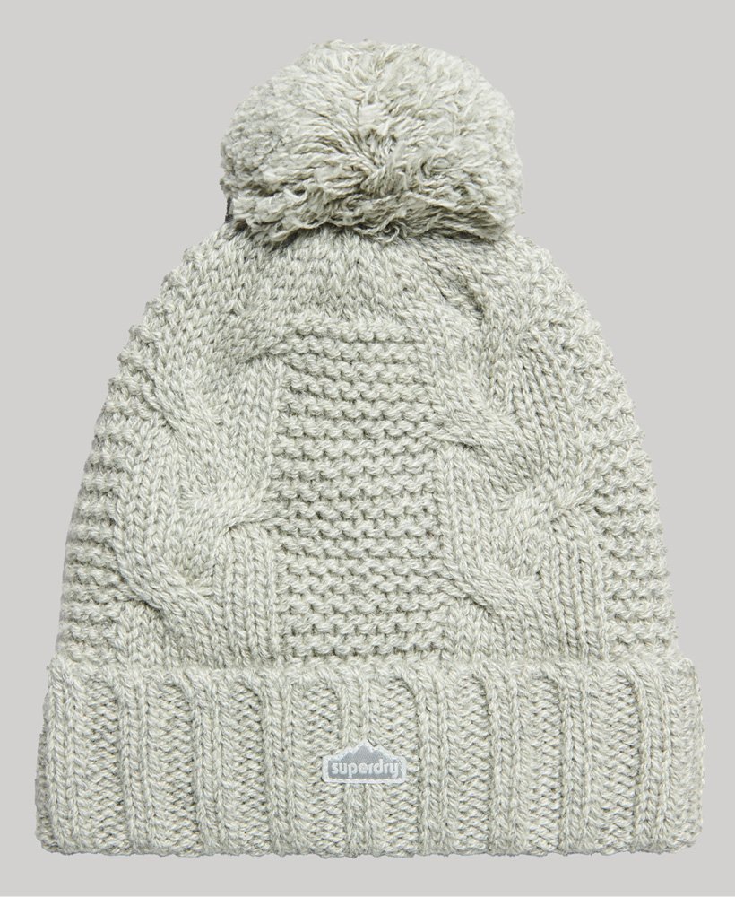 kabelgebreide muts met pompon in lichtgrijze tweed