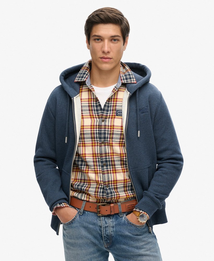 hoodie met ritssluiting van biologisch katoen geborduurd vintage logo in vintage marineblauw gemêleerd.