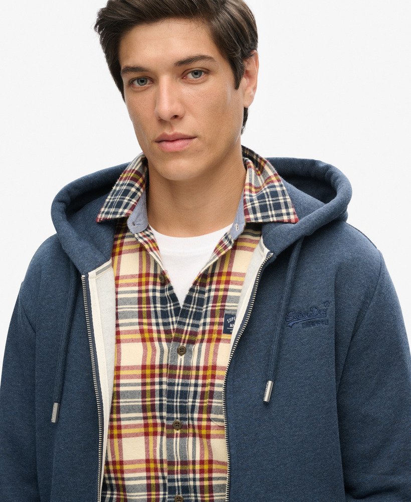 hoodie met ritssluiting van biologisch katoen geborduurd vintage logo in vintage marineblauw gemêleerd.