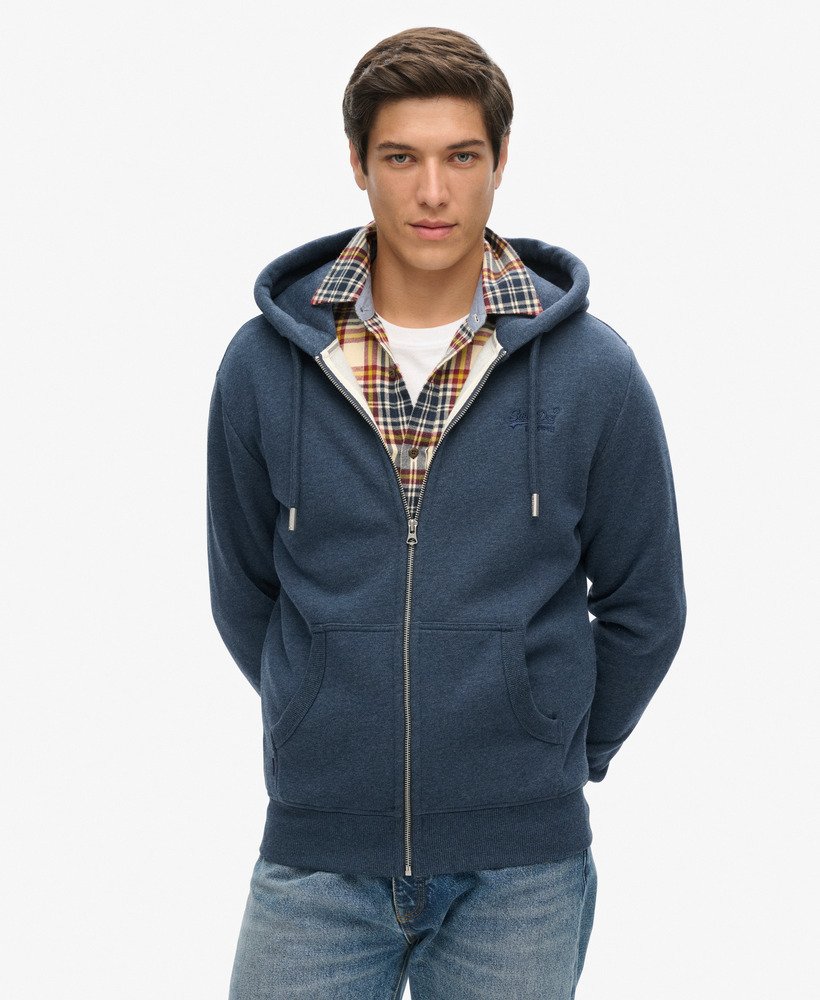 hoodie met ritssluiting van biologisch katoen geborduurd vintage logo in vintage marineblauw gemêleerd.
