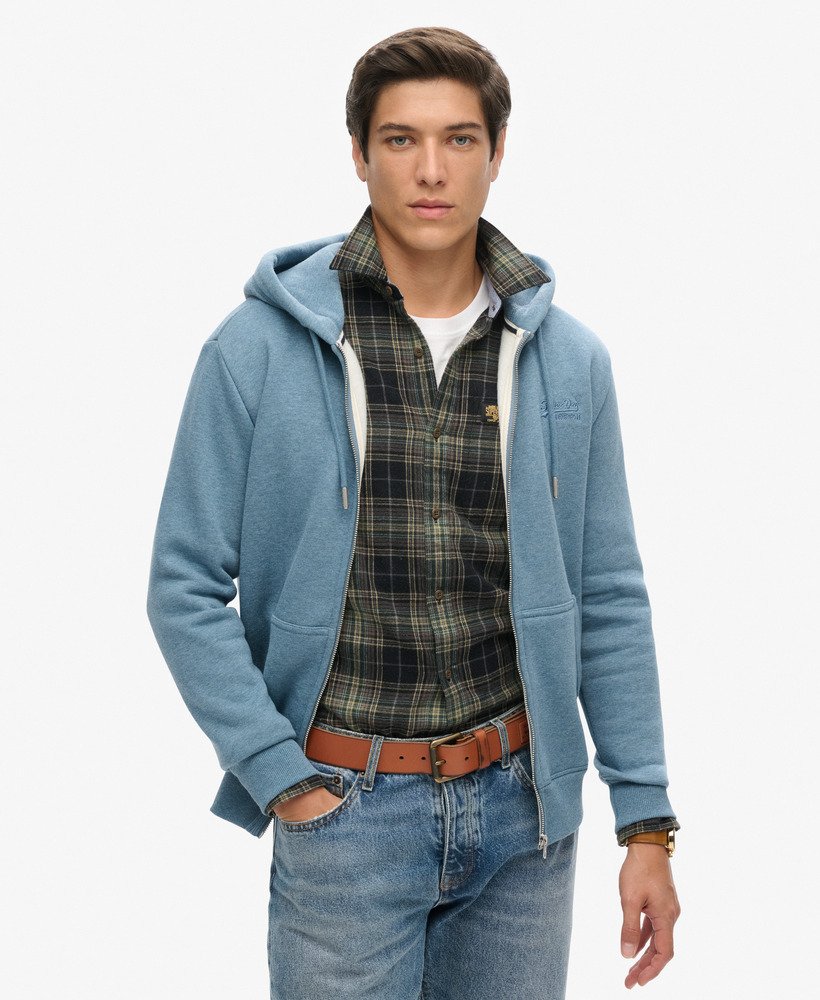 essential logo zip hoodie in bluestone blue marl