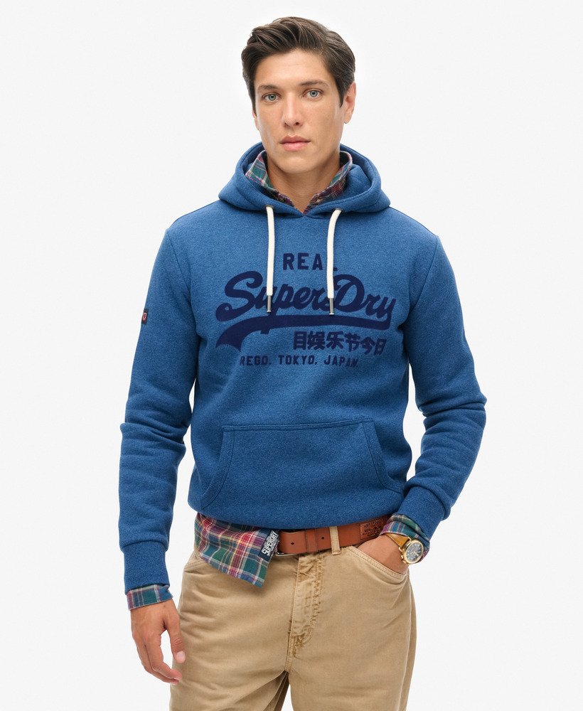 hoodie met vintage logo in effen kleuren in een helderblauwe gemêleerde uitvoering.