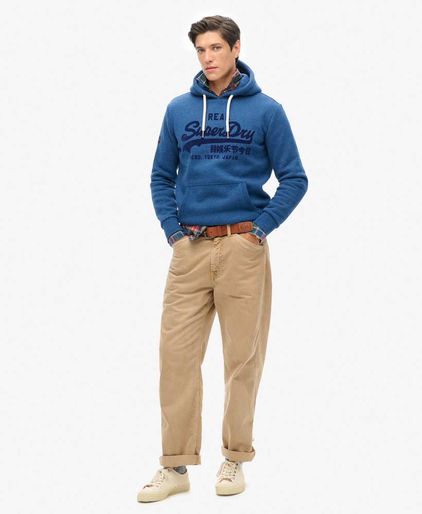 hoodie met vintage logo in effen kleuren in een helderblauwe gemêleerde uitvoering.