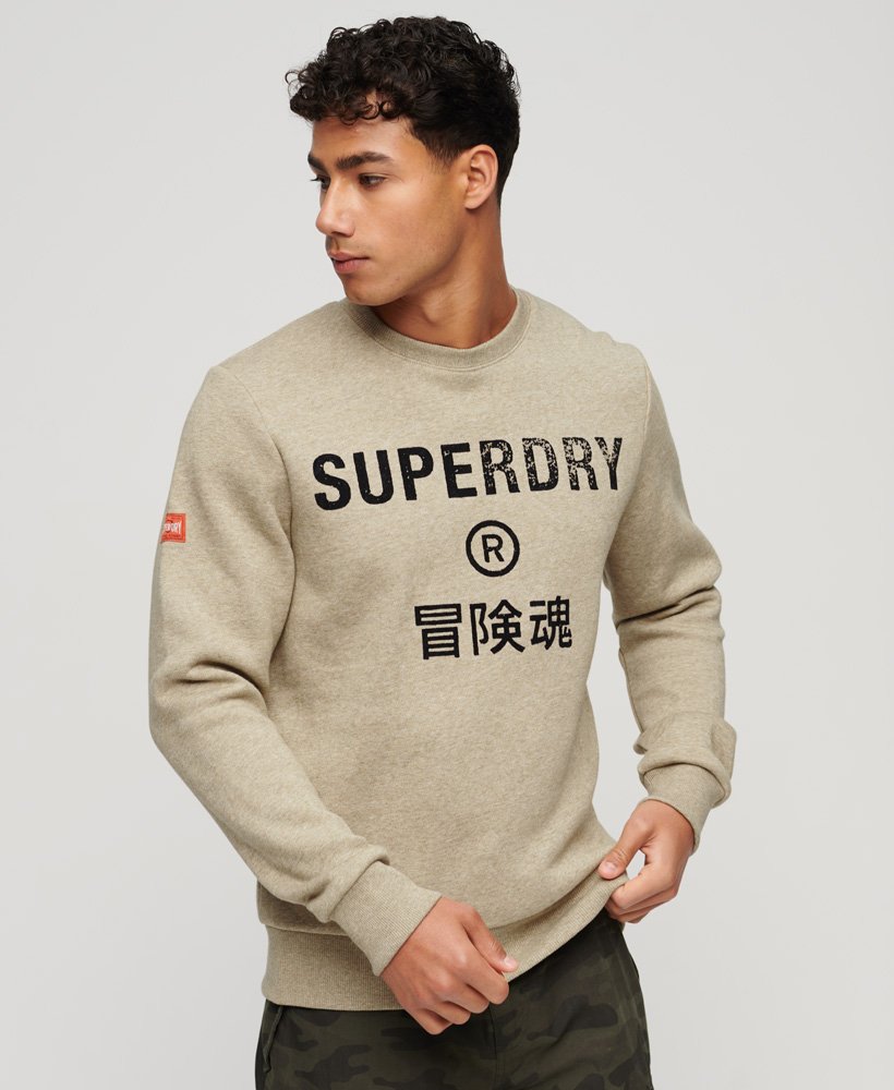 werkkledinglogo vintage crew sweatshirt in beige met bruine spikkels.