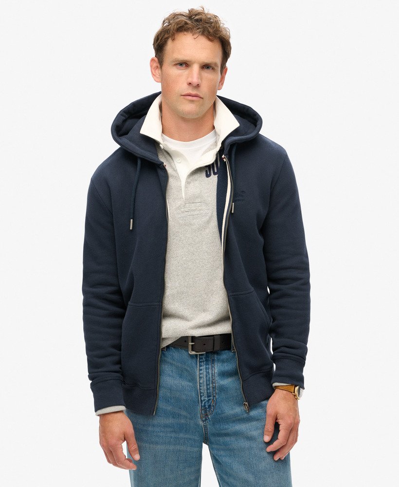 essential logo zip hoodie in eclipse navy
