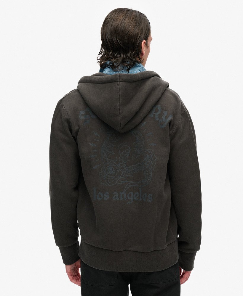 hoodie met losse ritssluiting en tattoo-print in gewassen zwart.