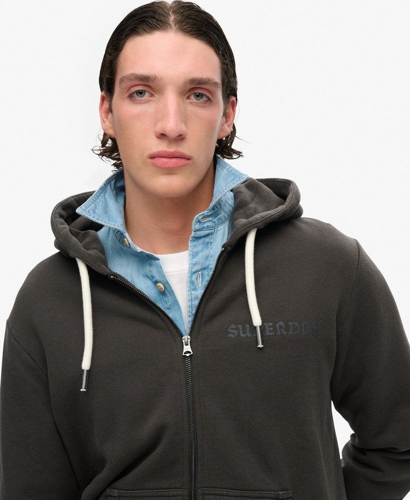 hoodie met losse ritssluiting en tattoo-print in gewassen zwart.