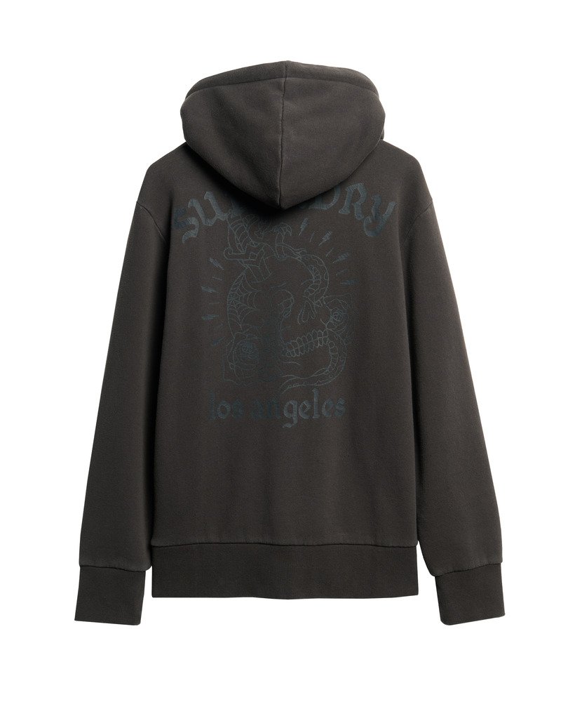 hoodie met losse ritssluiting en tattoo-print in gewassen zwart.