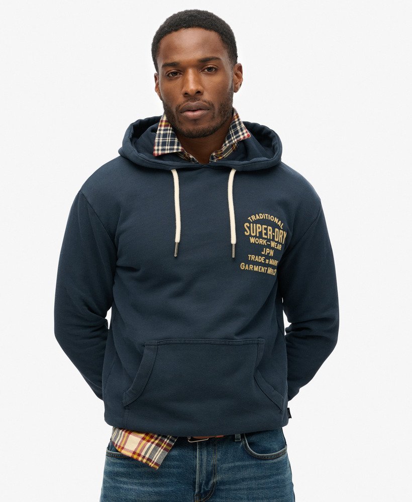 workwear flock chest graphic hoodie in eclipse navy