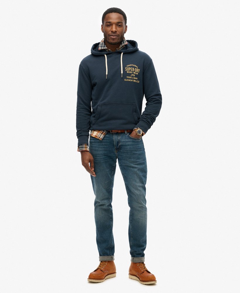 workwear flock chest graphic hoodie in eclipse navy