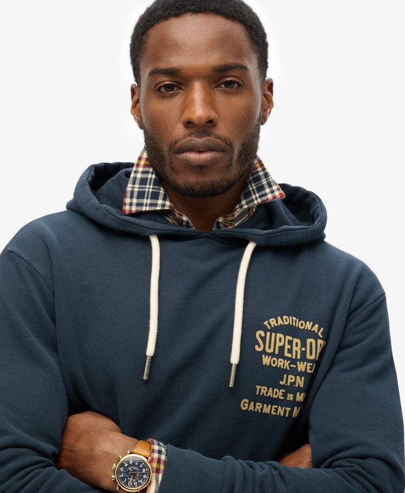 workwear flock chest graphic hoodie in eclipse navy