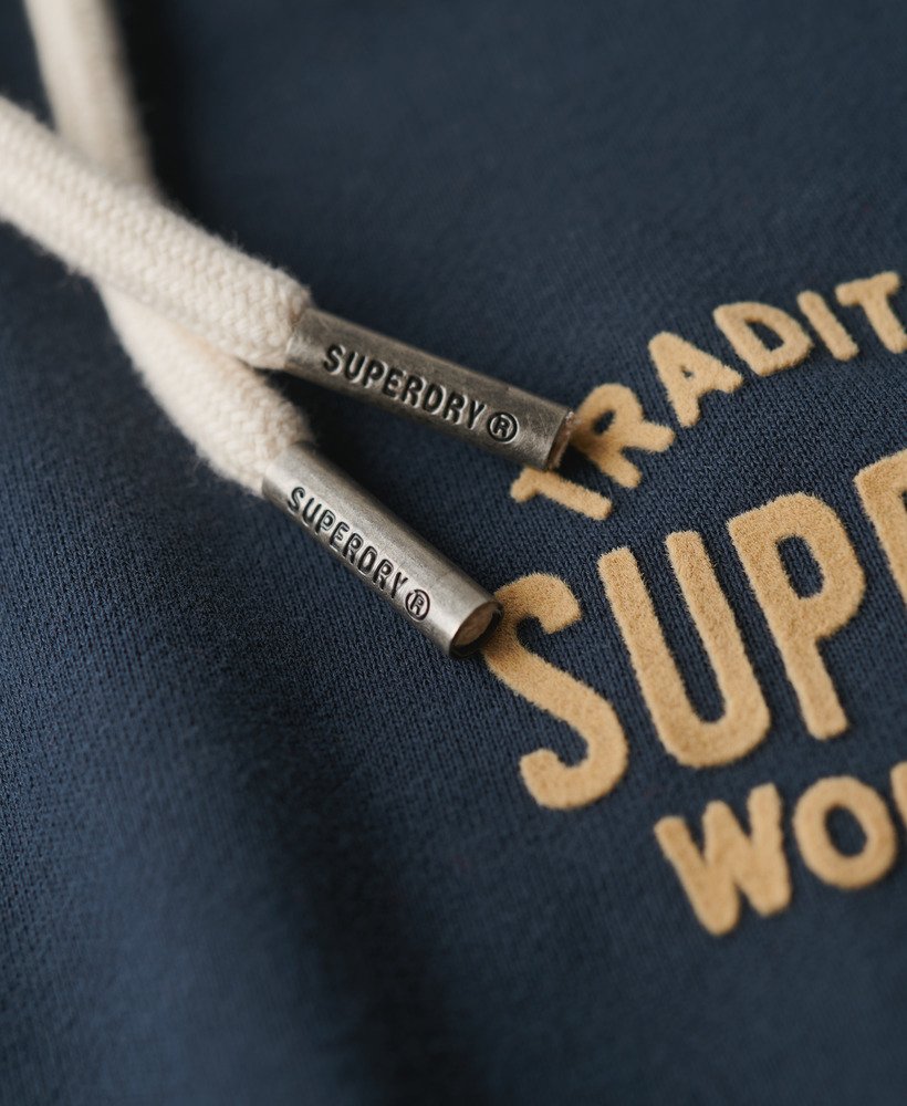workwear flock chest graphic hoodie in eclipse navy