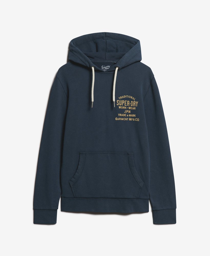 workwear flock chest graphic hoodie in eclipse navy