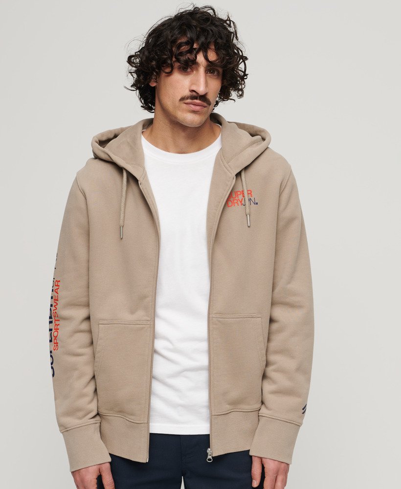 sportswear logo loose zip hoodie in deep beige slub