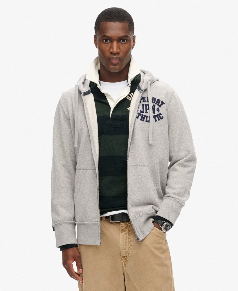 vintage sportieve hoodie met rits in lichtgrijs gemêleerd.