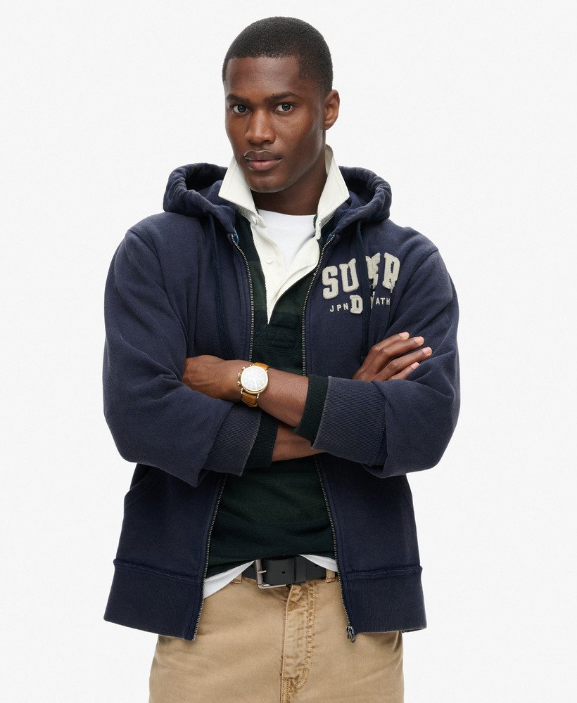 vintage sportieve hoodie met rits in diep marineblauw.