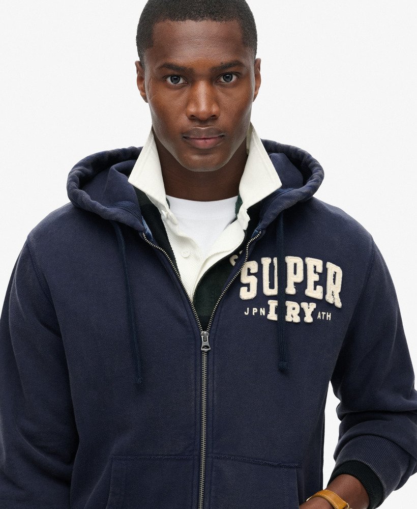 vintage sportieve hoodie met rits in diep marineblauw.