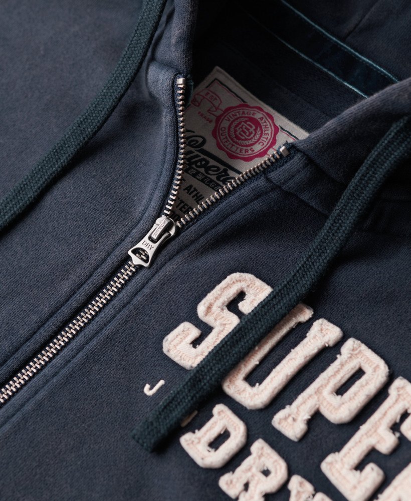 vintage sportieve hoodie met rits in diep marineblauw.