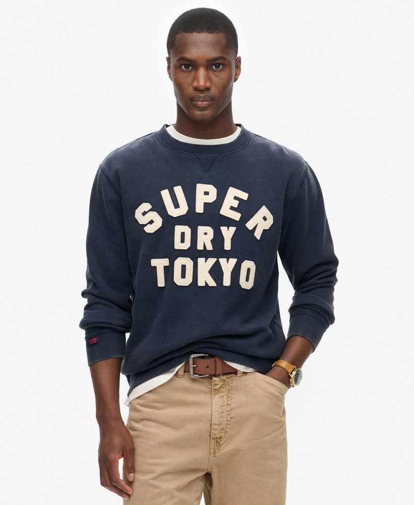 vintage sportieve crewneck sweater in diep marineblauw.
