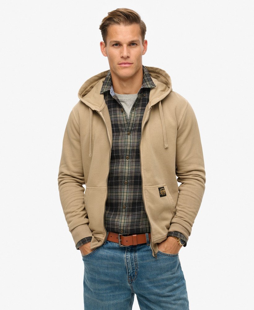 hoodie met rits en contrasterende stiksels in gewassen loodbruin.